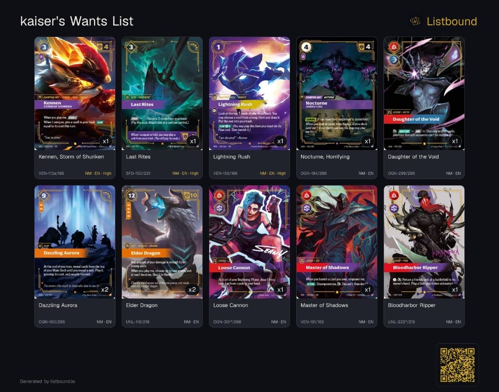 Example want list overview with cards arranged in a grid